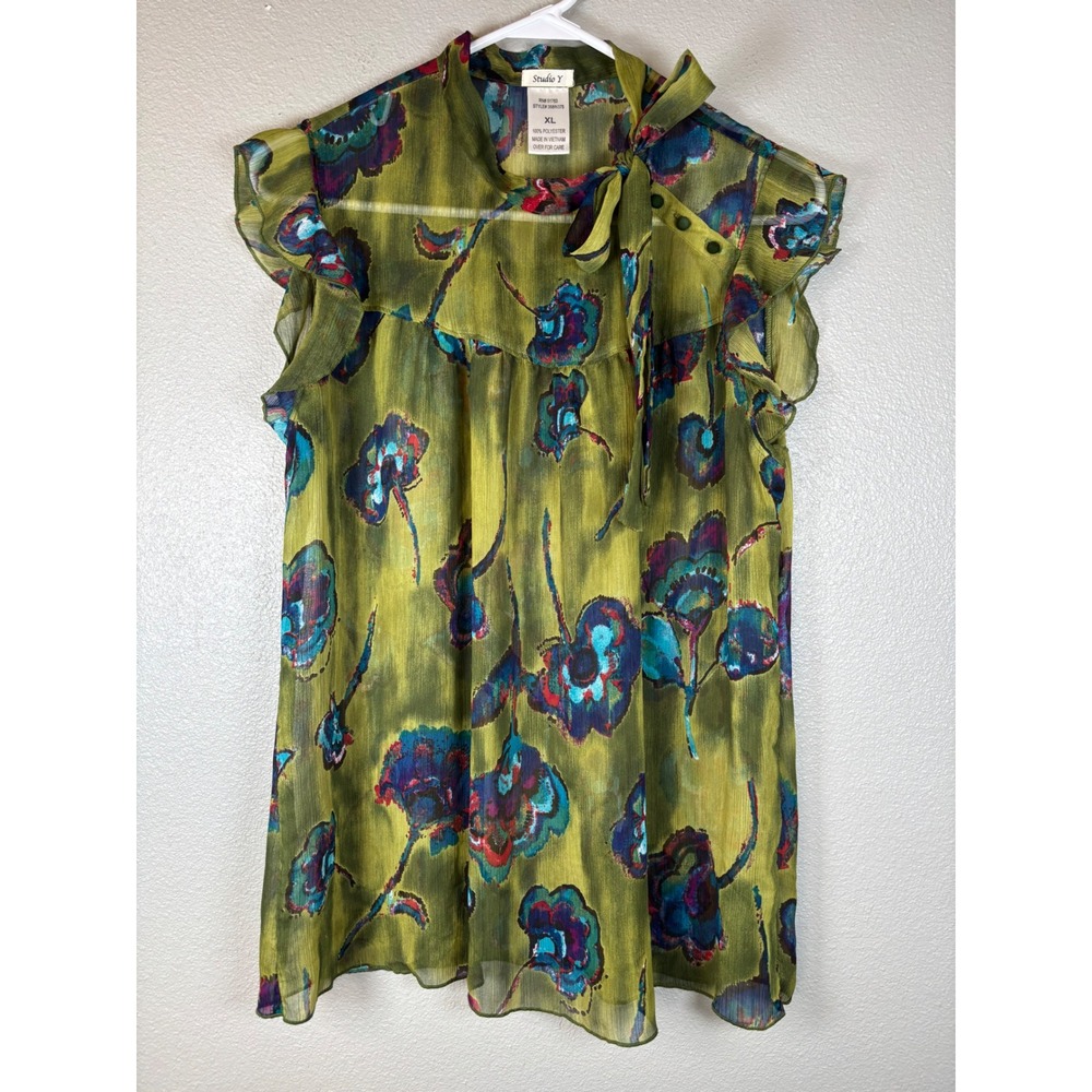 Studio Y Womens XL Green Floral Tie Neck Ruffle Sleeve Blouse Sheer Spring